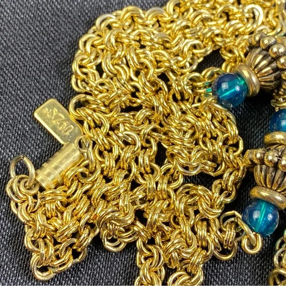 Vintage 1928 Chain Necklace Gold Tone Faux Pearl & Blue Green Cabochons 28" - Picture 12 of 12